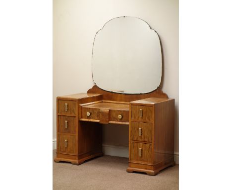 Art Deco period figured walnut dressing table, seven drawers, shaped mirror back, W114cm, H153cm, D50cm   Condition Report   