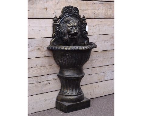 Victorian style bronze finish cast iron demi-lune lion mask wall fountain, W36cm, H130cm