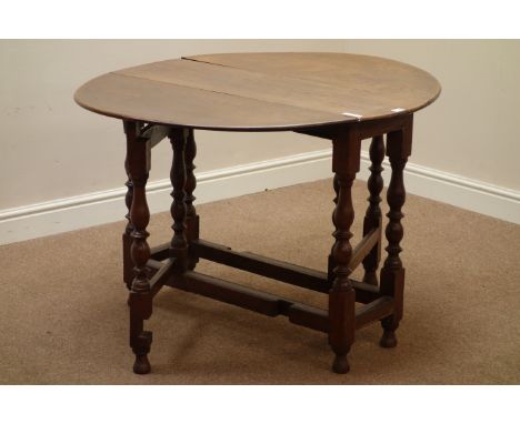 Late 18th century oak drop leaf dining table, turned gate leg action base, 98cm x 113cm, H73cm   Condition Report   Click her