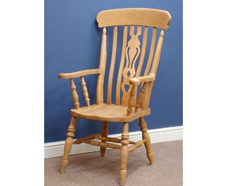 Farmhouse style beech carver armchair, stick back with fret work splat, turned double 'H' stretcher base    Condition Report 