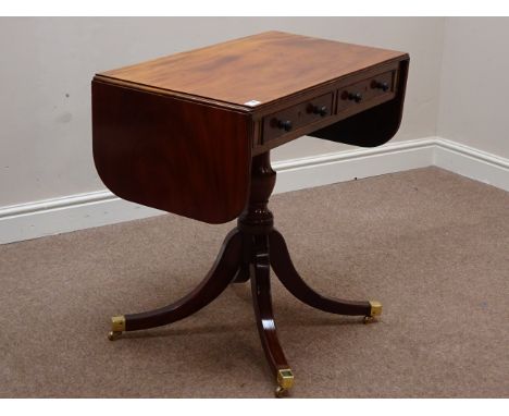 Early 20th century mahogany drop leaf sofa table, two drawers, turned column with for splayed legs, brass cups and castors, W