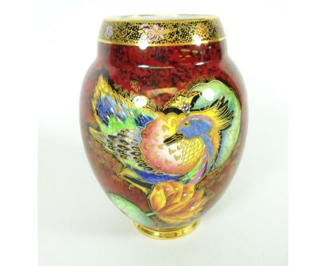 Carlton Ware crested bird and water lily vase with enamel and gilt chinoiserie decoration, no. 3530, with printed marks to ba