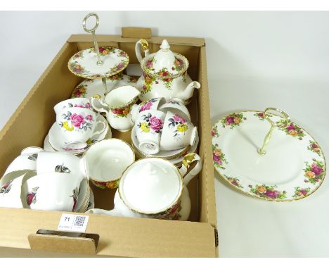 Royal Albert 'Old Country Roses' teapot, two cake stands, sugar bowl and milk jug and other teaware in one box   Condition Re