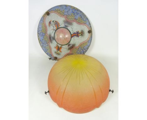 Art Deco cut glass light shade and a mid 20th Century hand painted glass light shade (2)   Condition Report   Click here for 