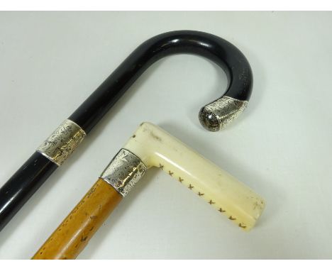 Victorian Malacca walking stick with ivory handle and hallmarked silver collar, presented by Harrogate Station Staff and an e