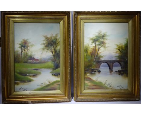 'On the Dee', pair early 20th century gouache on paper signed L Rivers 59cm x 39cm and Rural Landscapes, two colour prints af
