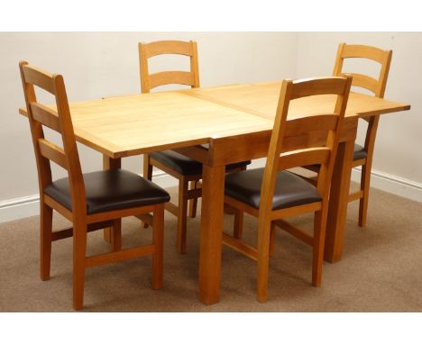 Square light oak extending dining table (90cm x 90cm - 180cm (extended)), and four ladder back dining chairs   Condition Repo