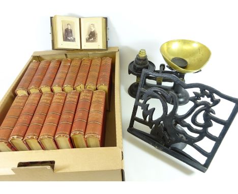 Set of kitchen scales with weights, cast iron cook book stand, set of Victorian 'The Waverley' novels and a small Victorian p