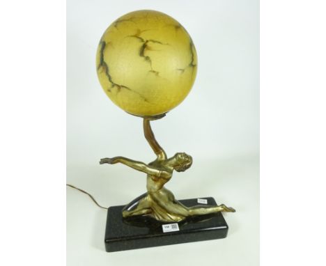 Art Deco table lamp of cast metal figure of a dancer on polished stone base with mottled glass shade, H49cm    Condition Repo