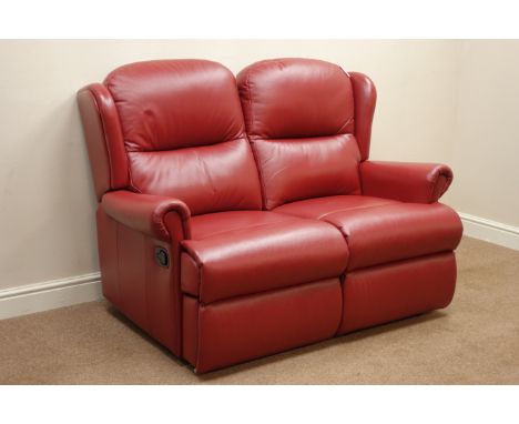 Sherborne two seat manual reclining sofa upholstered in red leather, W150cm   Condition Report   Click here for further image