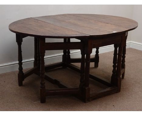 Early 18th century oak drop leaf dining table, turned gate leg action base, 122cm x 153cm, H72cm   Condition Report   Click h