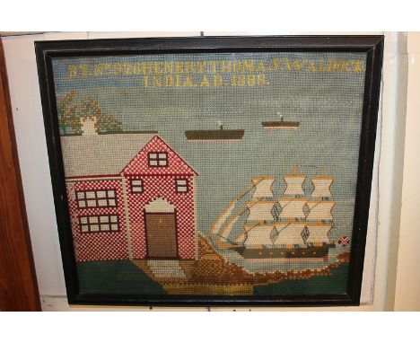 A woolwork panel depicting a three-masted ship inscribed 'By No 926 Henry Thomas Waldock India AD 1888', in glazed frame, 37c