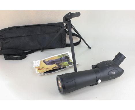An Optus zoom 20-60 x 60 spotting scope with small tripod, in fabric case, together with instruction leaflet