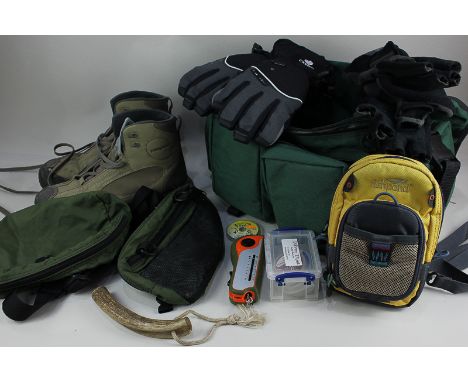 An Abel fishing bag containing fishing related equipment including a horn priest, scales, flies, etc, together with gloves, P