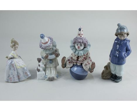 Two Lladro figures of clowns, with accordion, 15cm, and seated on a ball, 19cm, and another of a young girl wearing a gown, 1