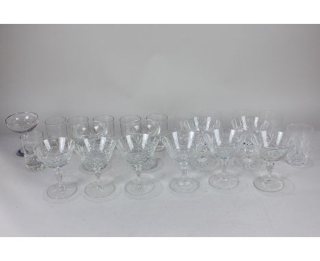 A collection of champagne saucers to include a set of six, together with a set of five cut glass tumblers and six small plain