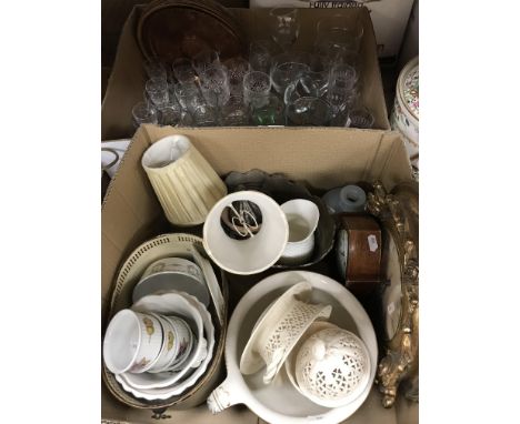 Two boxes of sundry china and glassware to include a Royal Creamware chestnut basket and plate together with a similar lidded