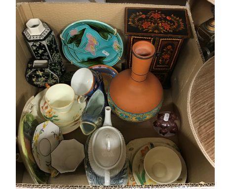 A box containing assorted decorative china and glass to include an Art Nouveau style lily decorated plate No'd verso "1789" a