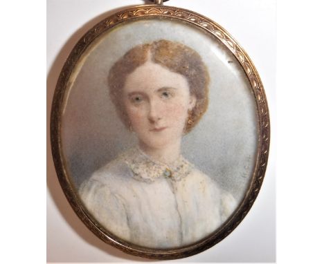 HENRY CHARLES HEATH (1829-1898) "Young lady in white shirt with lace collar and turquoise coloured brooch", a miniature portr