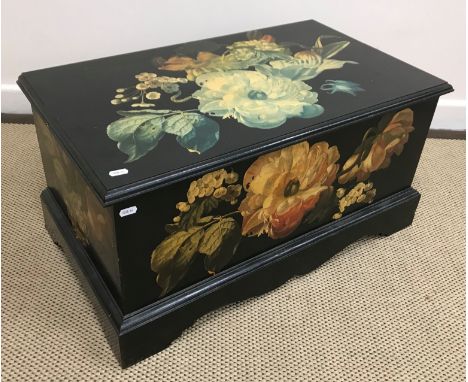 A modern black lacquered and chinoiserie decorated side cabinet with single drawer over two cupboard doors 51 cm wide x 40.5 