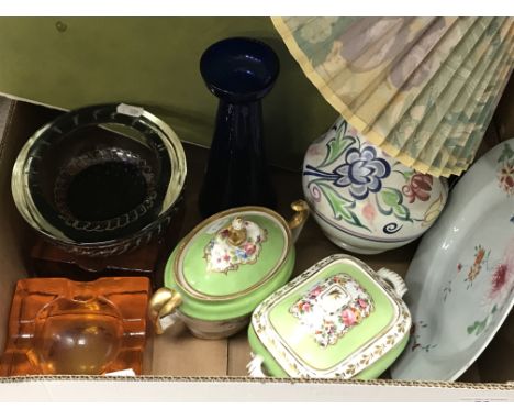 A collection of glass and pottery to include a Poole pottery table lamp, a Chinese famile rose plate, a pair of orange Whitef