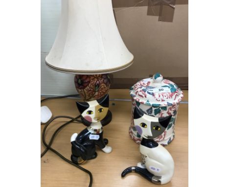 Two Goebel R. Wachtmeister cat figues, an Emma Bridgewater rose decorated lidded jar and a modern Moorcroft table lamp