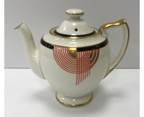 A Royal Doulton "Tango" pattern Art Deco style duet tea set with teapot and stand, cream jug, sugar bowl and two cups and sau