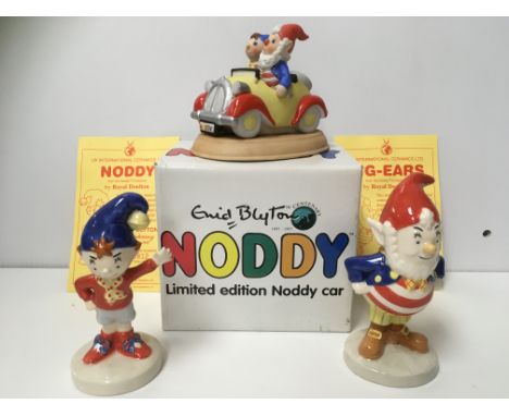 A collection of various collectible china figures including L Gate Products Ltd "Noddy" car limited edition 343/25000, a Roya