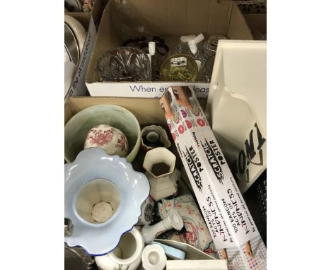 Two boxes of sundry decorative household glass and china to include a Masons ginger jar inscribed "Made especially for R. Twi