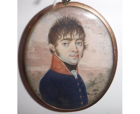 EARLY 19TH CENTURY CONTINENTAL SCHOOL "Young gentleman in military uniform in a landscape", a miniature portrait study, head 