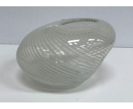 A mid 20th Century white enamelled glass free form vase with mezza filigrana style decoration  (poss Murano), 13 cm high