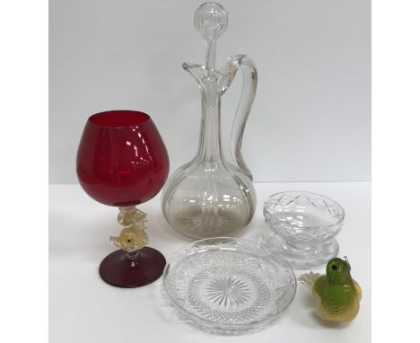 A collection of various cut and other glassware including a pair of ship's decanters and stoppers with pineapple cut decorati