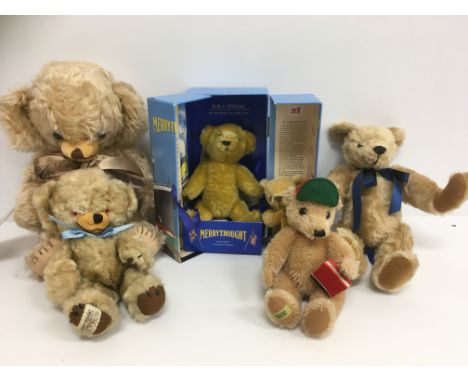 A collection of limited edition Merrythought teddy bears comprising Oliver Harris teddy bear with blue ribbon No.'d 425 of 10