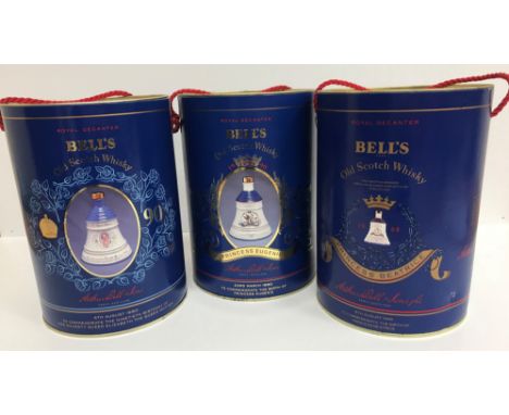 Three Bells Old Scotch Whisky Royal Decanters, in original cylinder cases including "Princess Beatrice 1988", "Princess Eugen