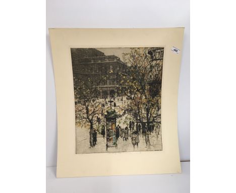 AFTER LUIGI KASIMIR (Austrian 1881-1962) "The Vienna Opera House with figures in foreground" coloured etching, inscribed and 