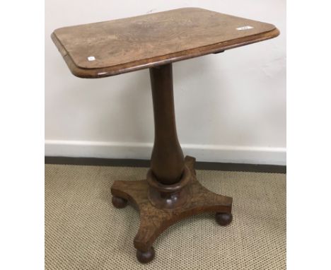 A Victorian burr oak occasional table, the rectangular top with moulded edge on a baluster turned pedestal to quatrefoil plat
