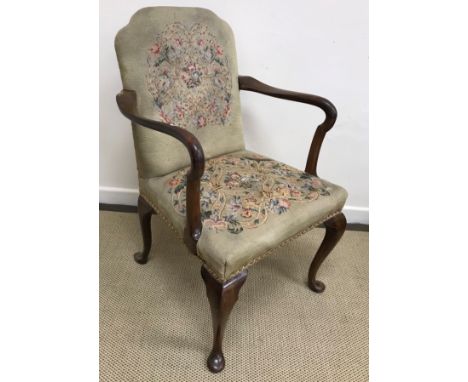 An early 20th Century tapestry upholstered mahogany framed open arm elbow chair in the Georgian style, two Georgian style cab