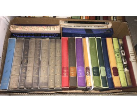 Two boxes of Folio Society books various including "All Quiet on the Western Front", "A Shropshire Lad", "Scarlet and Black",