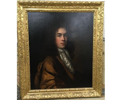ATTRIBUTED TO JOHN GREENHILL (1649-1676) "Gentleman in white lace stock and yellow jacket" a portrait study, head and shoulde
