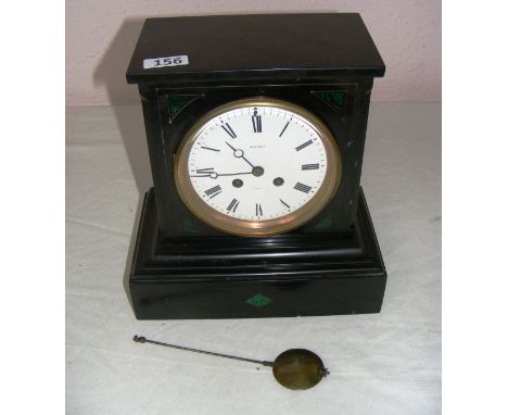 A Victorian slate mantle clock including pendulum and key, measuring 26cm tall as a size guide.