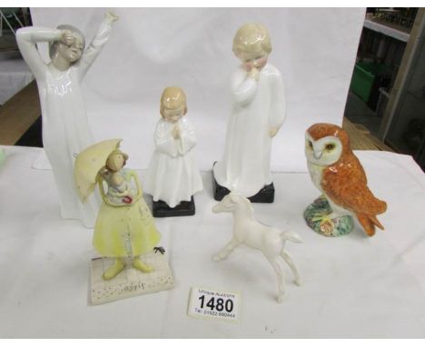 2 Royal Doulton figurines being Darling and Bedtime, A NAO figure, Beswick owl etc.,