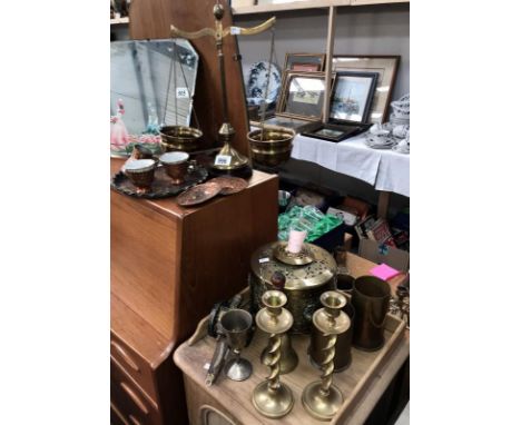 A quantity of brassware including 2 shell cases, pair of candlesticks, scales etc. and copper arabic style coffee items
