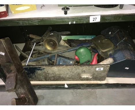 A box of old tools and a metal tool box with more tools