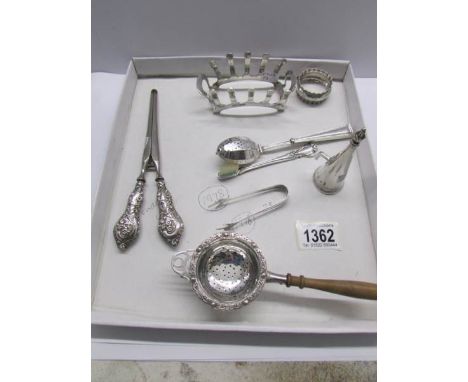 8 items of silver including tea strainer with drip bowl (Charles S Green &amp; Co., Ltd., Birmingham 1962/65), a toast rack (