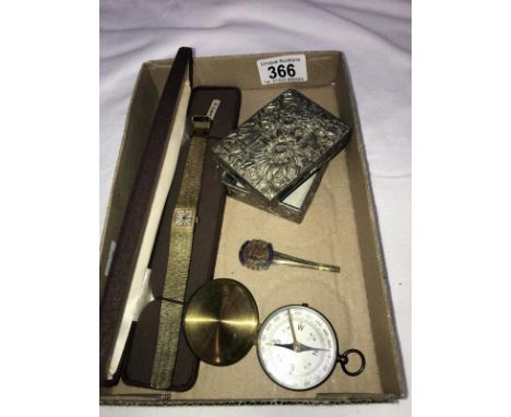 A ladies wristwatch. A compass, metal box A/F and a 1935 coronation item