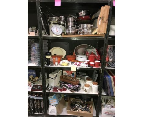 4 shelves of Kitchenalia including scales, pots, pans etc