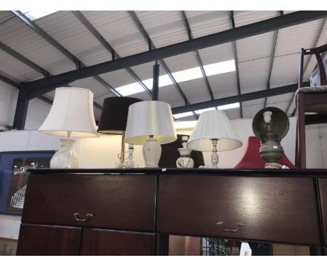 A selection of lamp shades and table lamps (One converted into oil spot lamp)