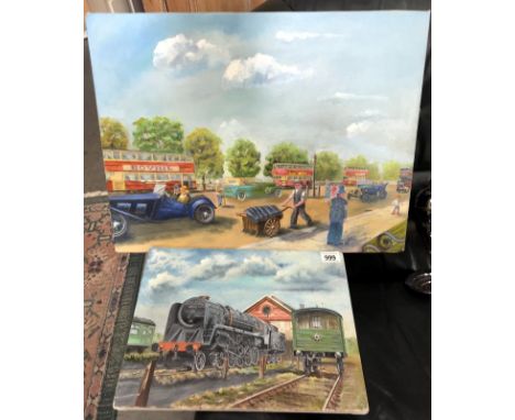 2 oil on canvas of a steam train and a vintage street scene