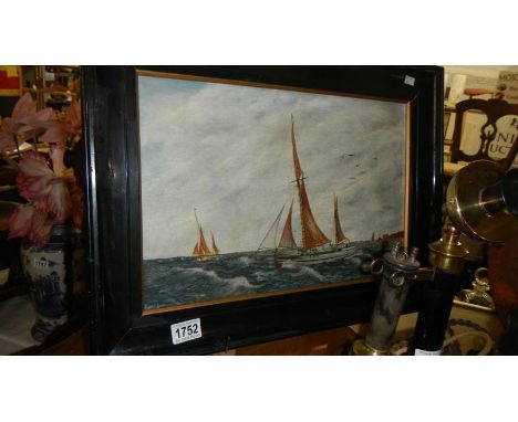 A British marine seascape entitled 'Jigger Boom' oil on canvas, unsigned, framed, 22" x 16".