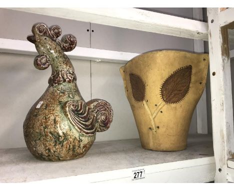 2 art studio sculptures, a rooster &amp; 1 leaf bucket vase